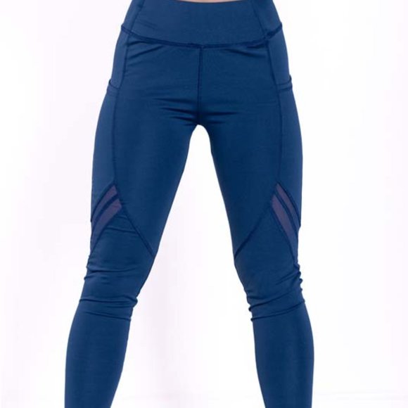 High-Waisted & Mash Panel Gym and Yoga Leggings with Side Pockets Denim Blue - Picture 4 of 6